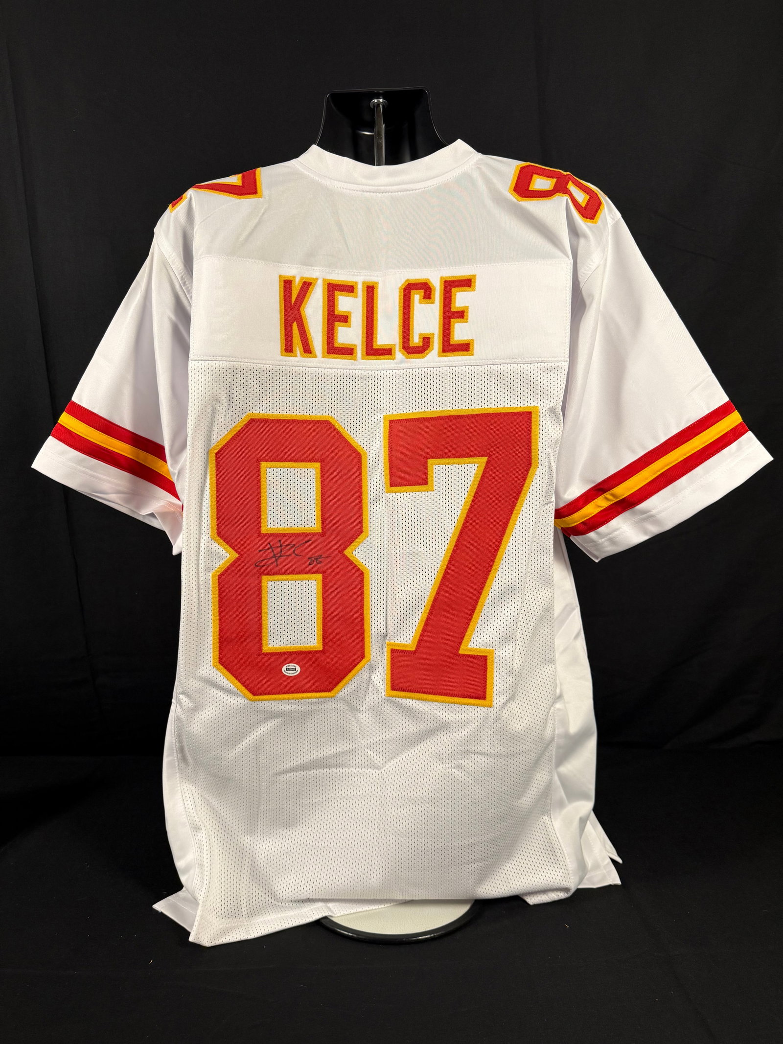Travis Kelce Signed White Kansas City Chiefs Jersey: Signed custom white Travis Kelce Kansas City Chiefs jersey with COA
