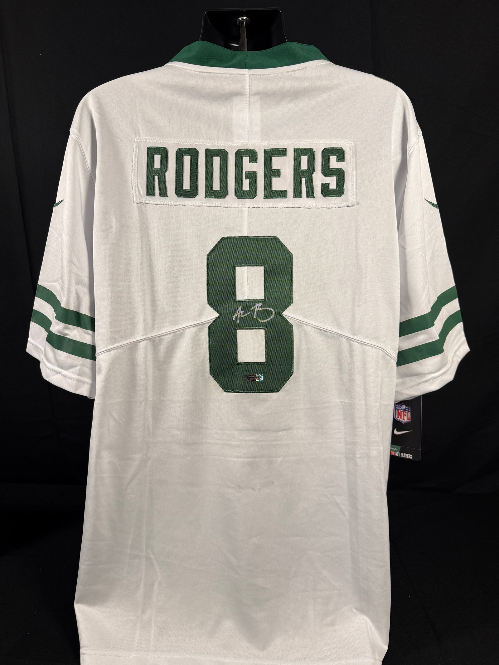 Aaron Rodgers Signed White New York Jets Jersey: Signed Aaron Rodgers white New York Jets Nike NFL Game Jersey with COA