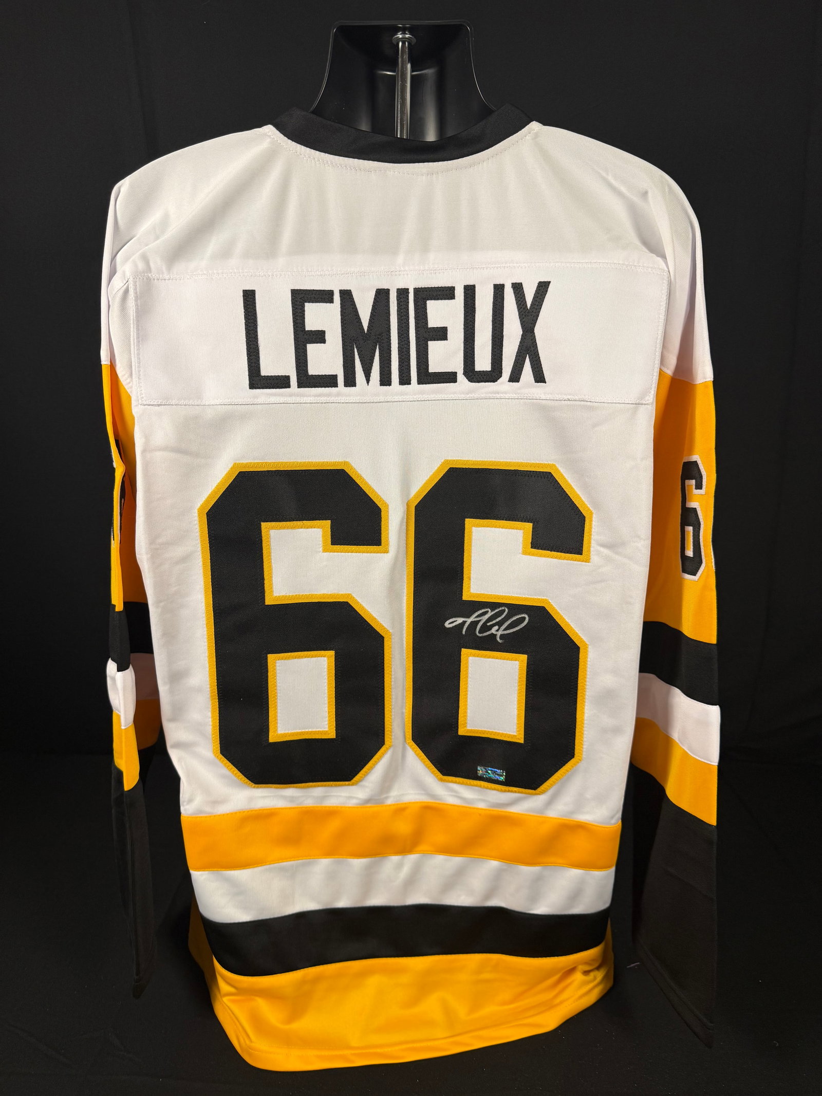 Mario Lemieux Signed Pittsburgh Penguins White Jersey: Signed custom Mario Lemieux Pittsburgh Penguins white jersey with COA