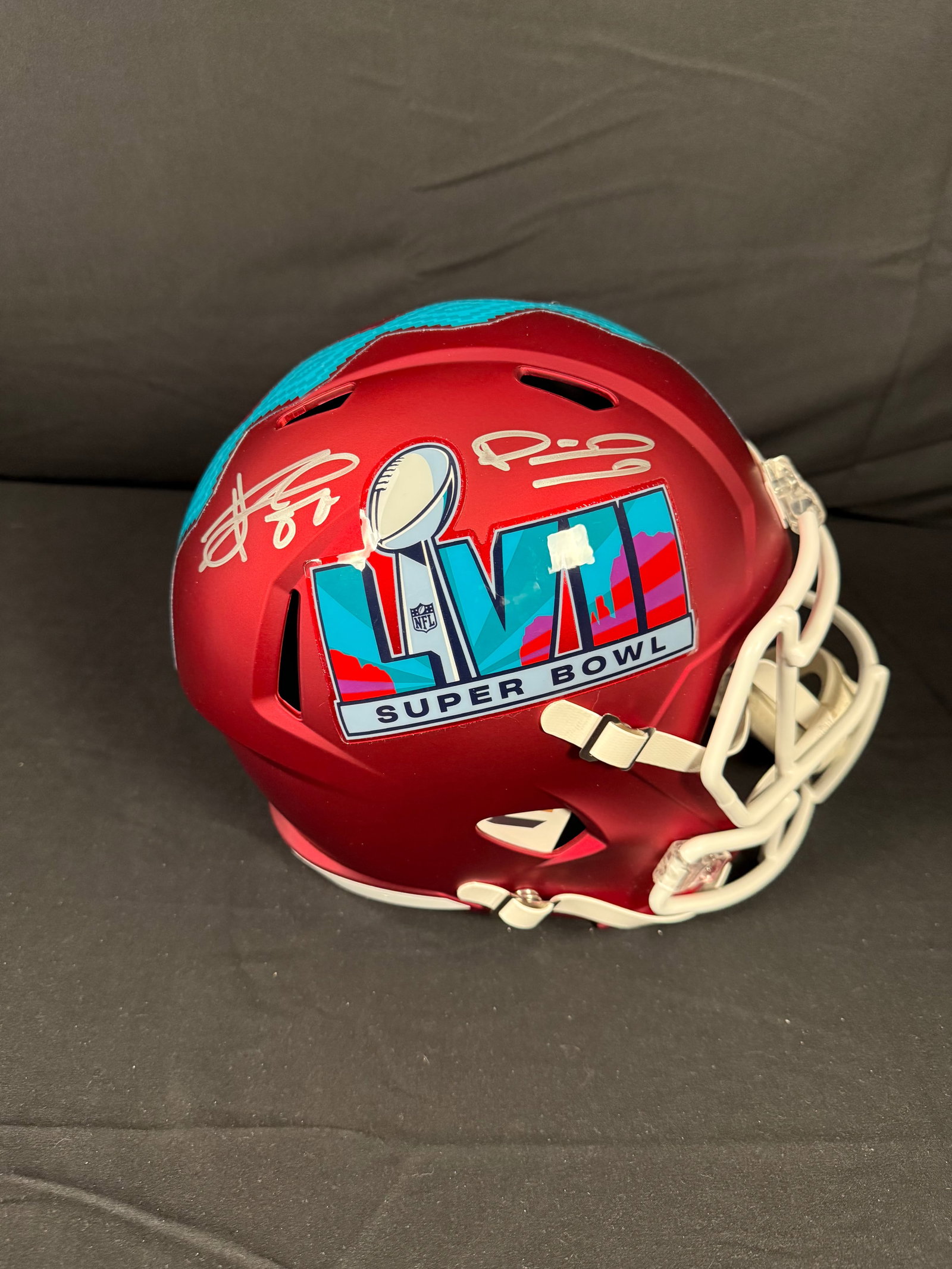 Patrick Mahomes x Travis Kelce Signed Football Helmet: Patrick Mahomes and Travis Kelce signed Super Bowl LVII Speed Replica Helmet with COA