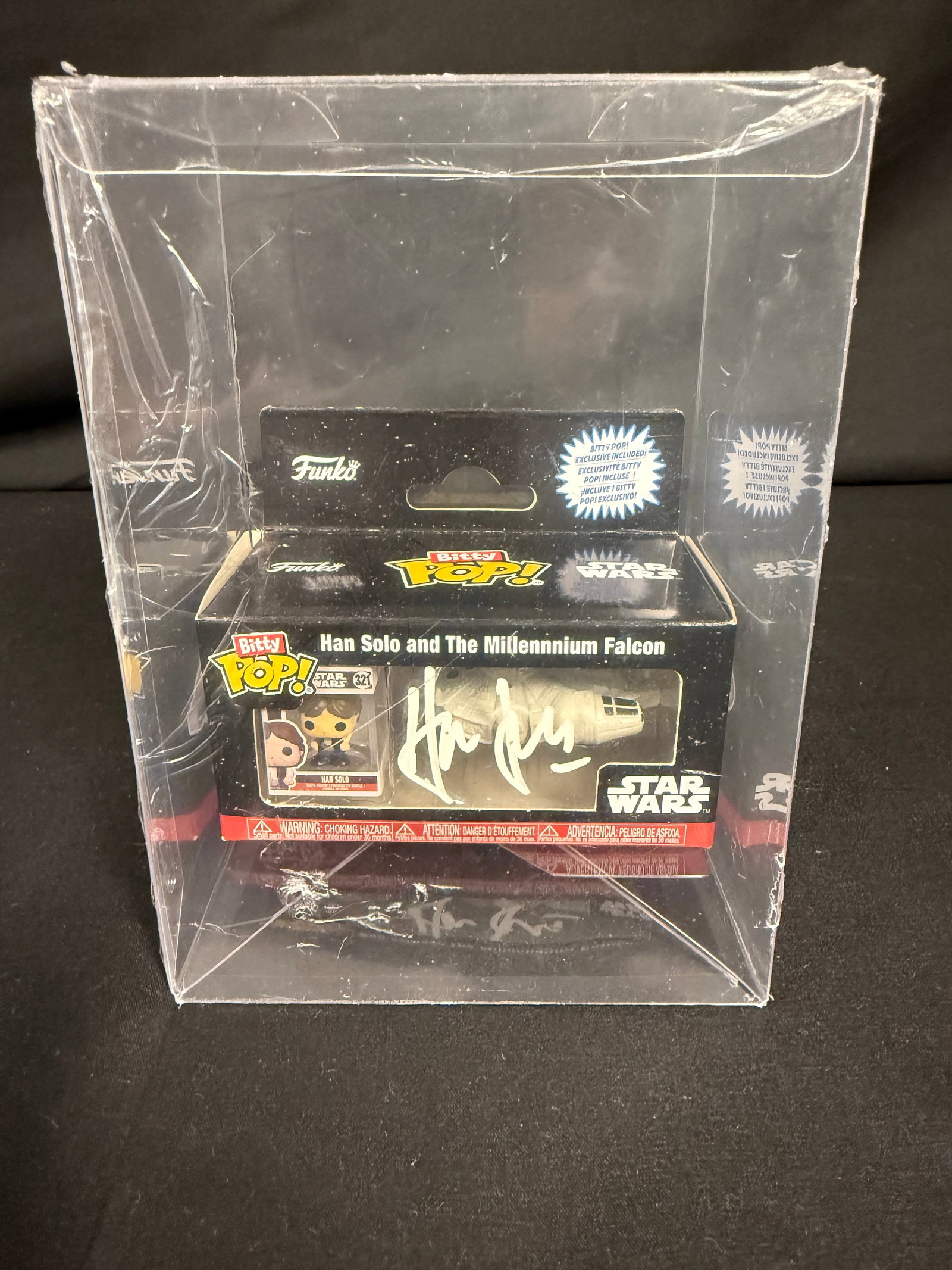 Han Solo and the Millennium Falcon Signed Pop Bitty Ride: Harrison Ford signed Han Solo and the Millennium Falcon Pop Bitty Rides with COA