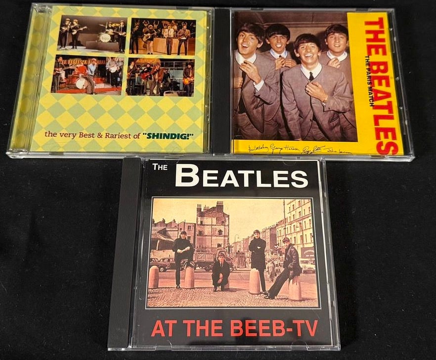 The Beatles Rare TV Appearances & Broadcast Recordings CD Collection (3 CDs): Group of three Beatles collector CDs featuring rare television appearances, broadcast recordings, and international archival material.