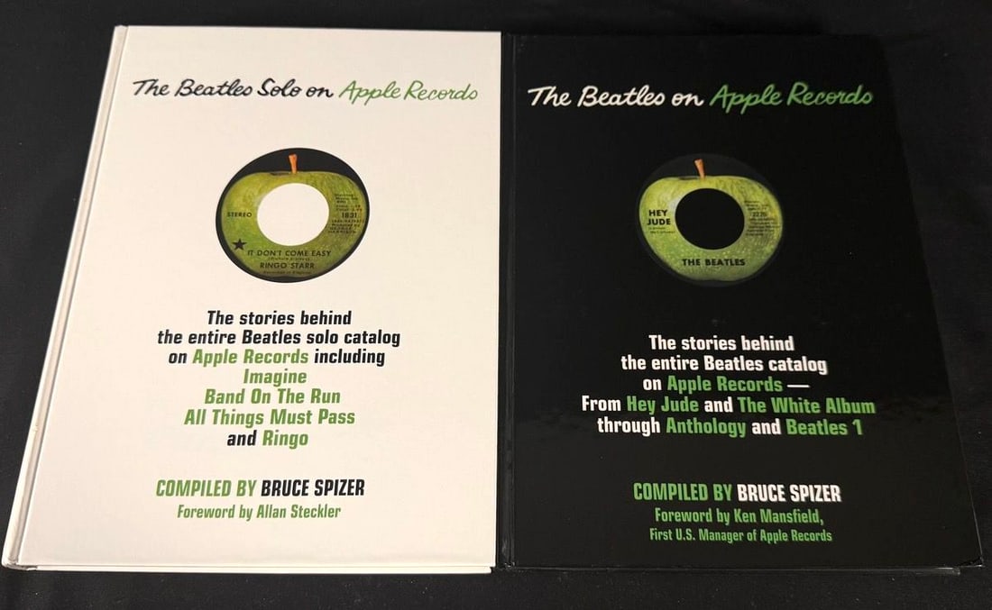 Bruce Spizer Beatles on Apple Records Hardcover Books (2 Volumes): These extensively illustrated volumes document the Beatles' Apple Records catalog along with the members' solo releases, featuring detailed discographies, label variations, promotional material, relea