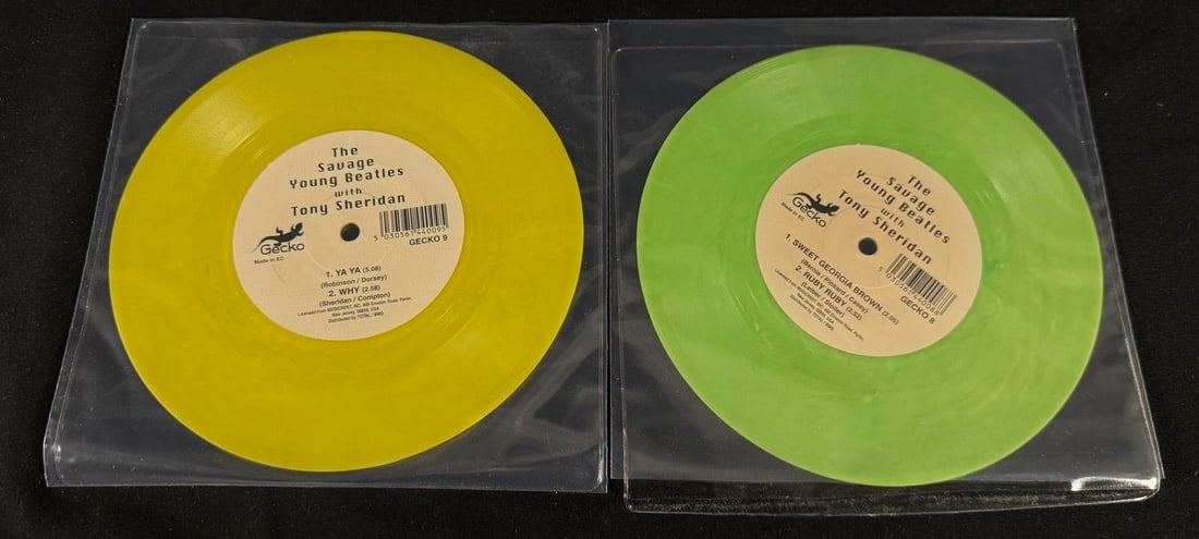 The Savage Young Beatles with Tony Sheridan - Yellow & Green Colored Vinyl 7" Singles: Pair of collectible colored vinyl 7-inch releases featuring early Hamburg-era recordings by The Savage Young Beatles with Tony Sheridan.