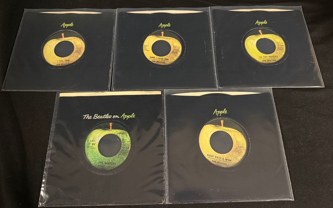 Lot of 5 clean Beatles Apple 45s with company sleeves: All very clean and some rarer (Eight days a week and I feel fine)