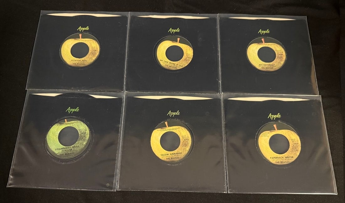 Lot of 6 Beatles Apple 45s with company sleeves: All in nice condition including sleeves as shown