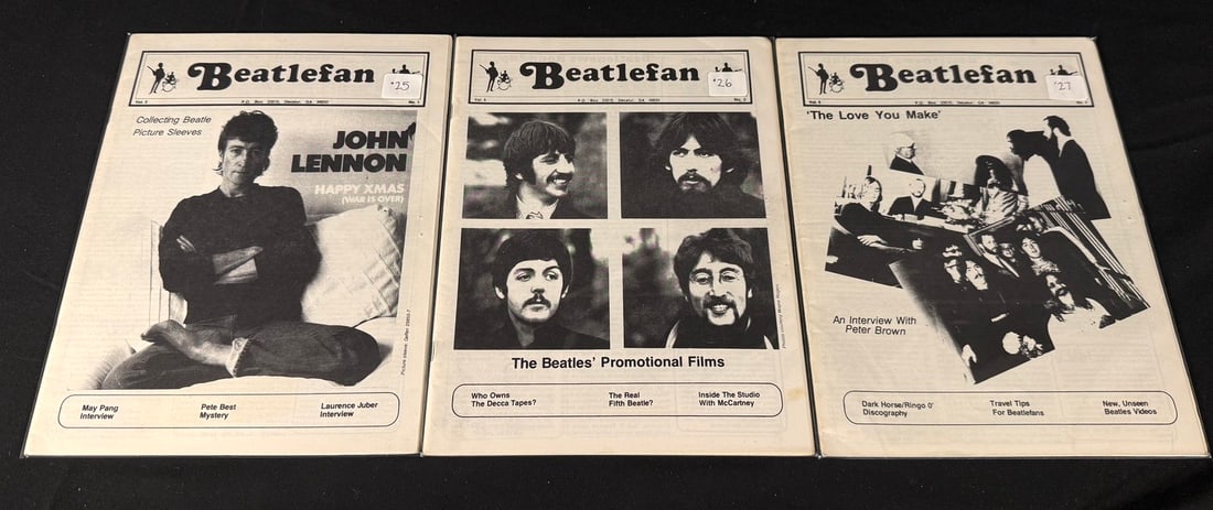 Beatlefan Magazine Issues #25-27: Three vintage Beatlefan magazines featuring John Lennon, Beatles promotional films, and an interview with Peter Brown.