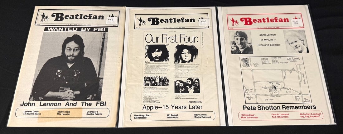 Beatlefan Magazine Issues #28-30: Three Beatlefan magazines featuring John Lennon, Apple history, Pete Shotton, and Beatles research.