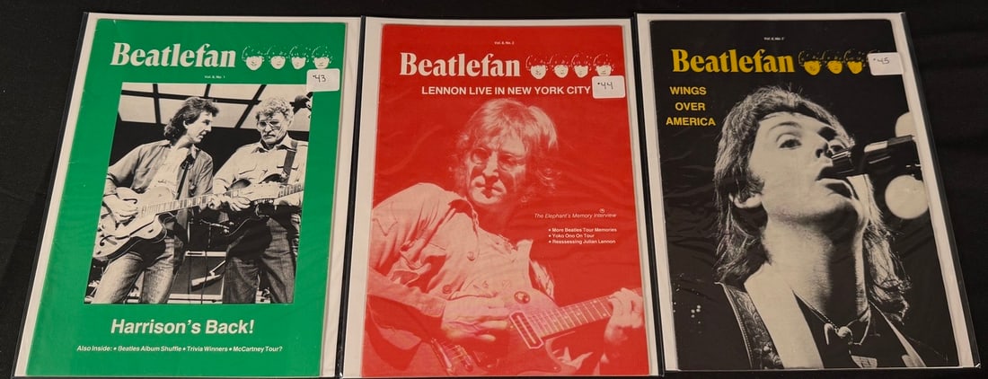 Beatlefan Magazine Issues #43-45: Three color Beatlefan magazines featuring George Harrison, John Lennon, and Wings.