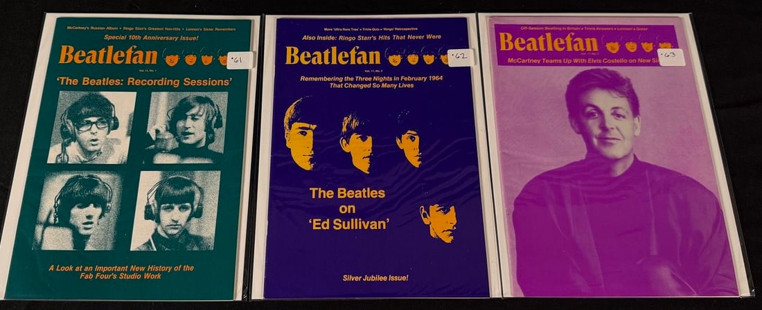 Beatlefan Magazine Issues #61-63: Three Beatlefan magazines featuring Beatles recording sessions, the Ed Sullivan anniversary, and Paul McCartney.