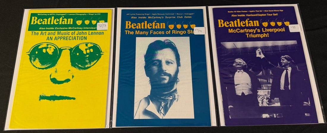 Beatlefan Magazine Issues #72/73, #74 and #75: Three Beatlefan magazines, including the combined #72/73 issue, plus issues #74 and #75, featuring John Lennon, Ringo Starr, and Paul McCartney.