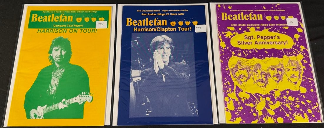 Beatlefan Magazine Issues #76-78: Three Beatlefan magazines featuring George Harrison, the Harrison/Clapton tour, and the Sgt. Pepper Silver Anniversary.
