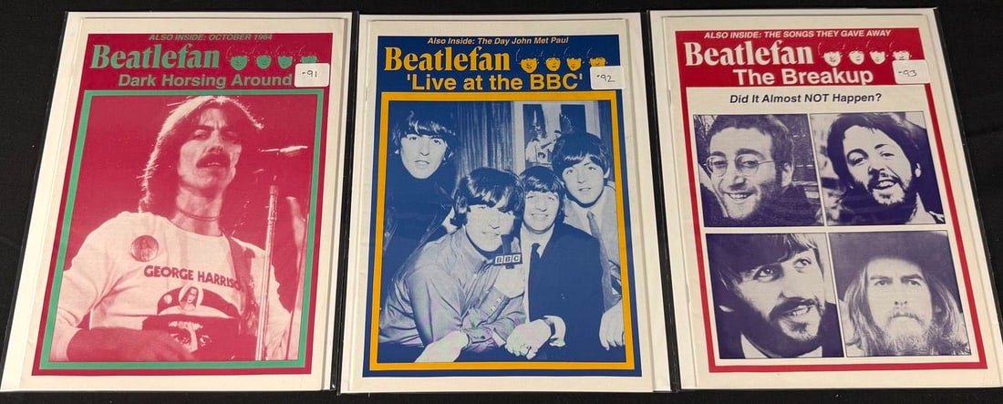 Beatlefan Magazine Issues #91-93: Three Beatlefan magazines featuring George Harrison, Live at the BBC, and the Beatles' breakup.