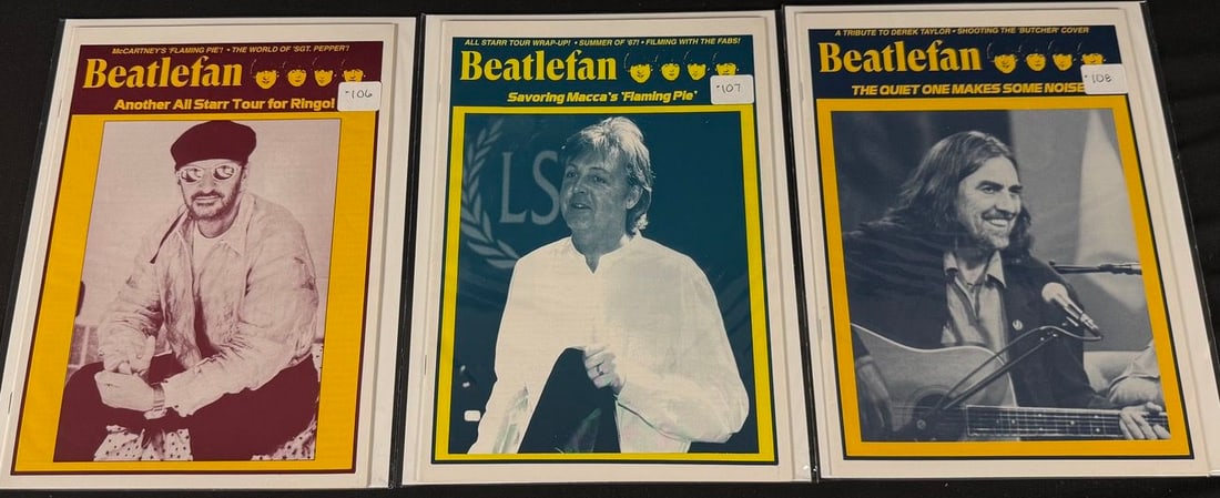Beatlefan Magazine Issues #106-108: Three Beatlefan magazines featuring Ringo Starr, Paul McCartney's Flaming Pie, and George Harrison.