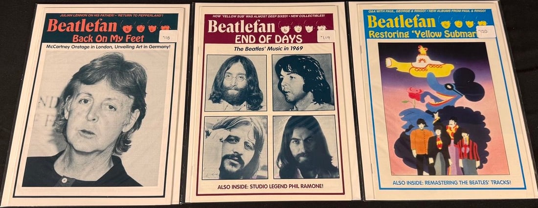 Beatlefan Magazine Issues #112-114: Three Beatlefan magazines featuring Paul McCartney, All Things Must Pass, and the Beatles in India.