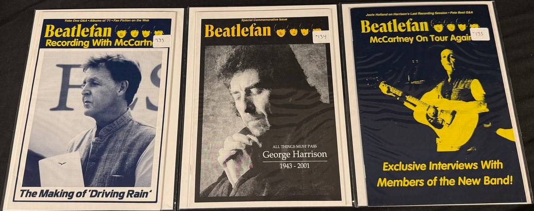 Beatlefan Magazine Issues #127-129: Three Beatlefan magazines featuring Paul McCartney, All Things Must Pass, and Beatles history.