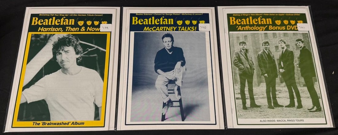 Beatlefan Magazine Issues #139-141: Three Beatlefan magazines featuring George Harrison's Brainwashed, Paul McCartney, and Beatles Anthology DVD coverage.