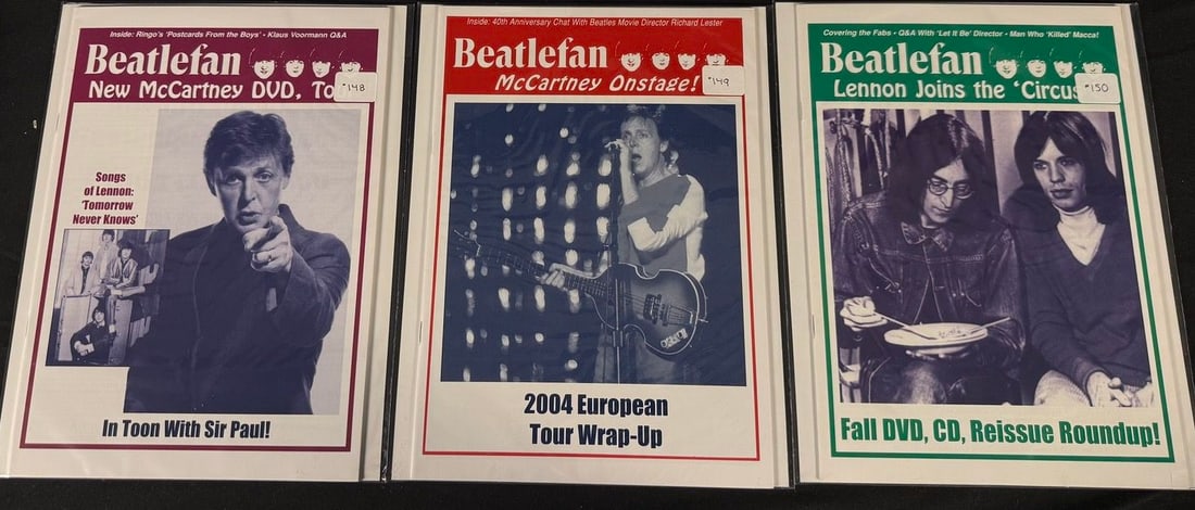Beatlefan Magazine Issues #148-150: Three Beatlefan magazines featuring Paul McCartney, 2004 European Tour coverage, and John Lennon retrospectives.