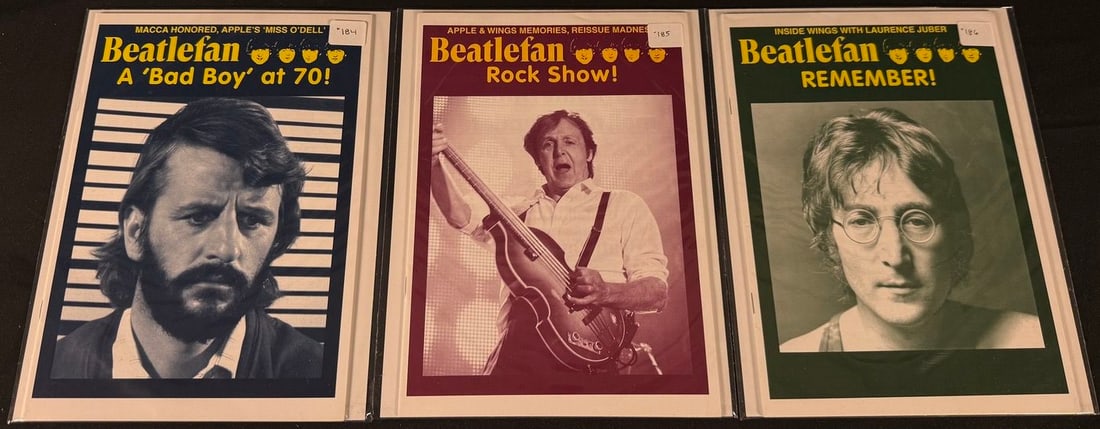 Beatlefan Magazine Issues #184-186: Three Beatlefan magazines featuring Ringo Starr, Paul McCartney, and John Lennon with cover stories including A Bad Boy at 70!, Rock Show!, and Remember!.