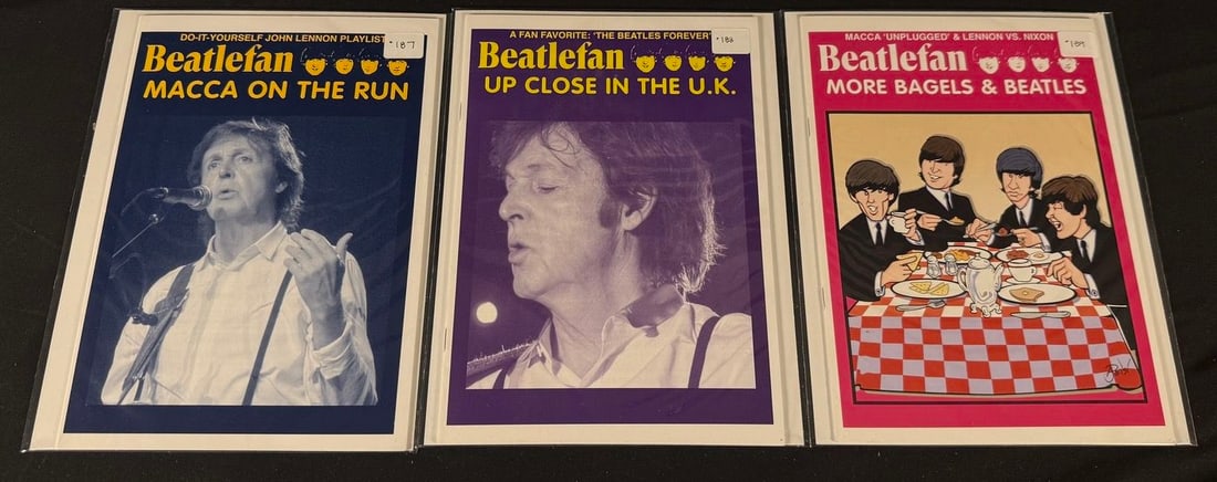 Beatlefan Magazine Issues #187-189: Three Beatlefan magazines featuring Paul McCartney and Beatles-themed cover stories including Macca on the Run, Up Close in the U.K., and More Bagels & Beatles.