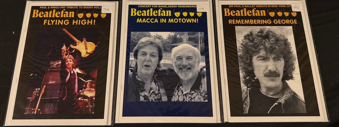 Beatlefan Magazine Issues #190-192: Three Beatlefan magazines featuring Paul McCartney and George Harrison with cover stories including Flying High!, Macca in Motown!, and Remembering George.