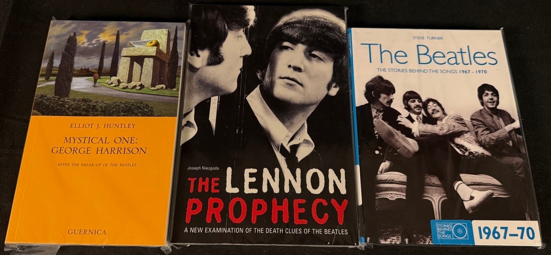 Beatles and Solo Career Books (3): Three books covering George Harrison, John Lennon, and the Beatles' songs: Mystical One, The Lennon Prophecy, and The Stories Behind the Songs 1967-1970.