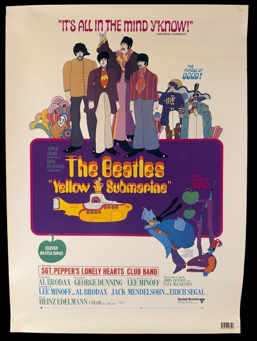The Beatles Yellow Submarine Movie Poster: Color poster for the animated Beatles film Yellow Submarine featuring the band, submarine, colorful characters, production credits, and the George Harrison quote 'It's all in the mind y'know!'