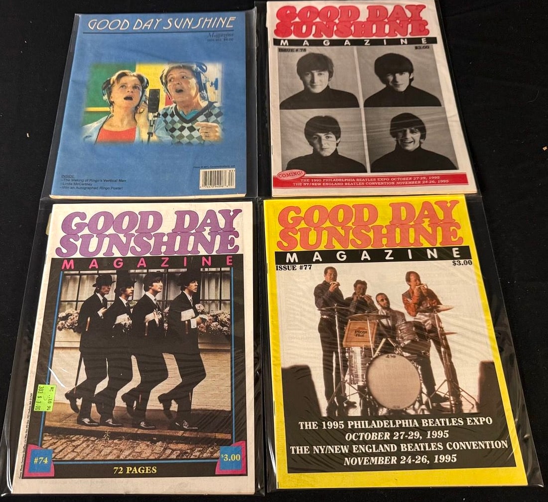Good Day Sunshine Magazine Lot (4 issues): Four issues of Good Day Sunshine magazine, including issues 74, 77 and 78, with Beatles convention coverage, group features, and Ringo-related content.