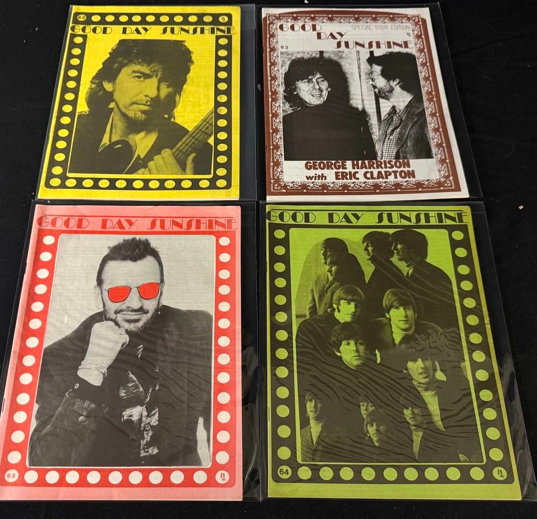 Good Day Sunshine Newsletter Lot (4 issues): Four vintage Good Day Sunshine fan newsletters featuring George Harrison, Ringo Starr, the Beatles, and a George Harrison special tour edition.