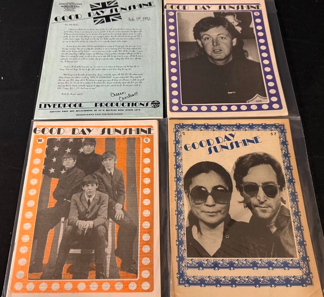 Good Day Sunshine Newsletter Lot (4 issues): Four vintage Good Day Sunshine fan newsletters featuring Paul McCartney, John Lennon and Yoko Ono, the Beatles, and a Liverpool Productions correspondence issue.