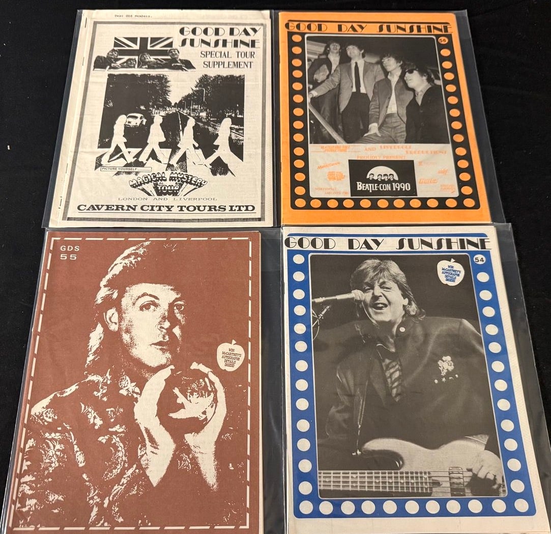 Good Day Sunshine Newsletter Lot (4 issues): Four Good Day Sunshine fan publications including a Magical Mystery Tour supplement and issues 54, 55 and 56 with Paul McCartney and Beatles features.