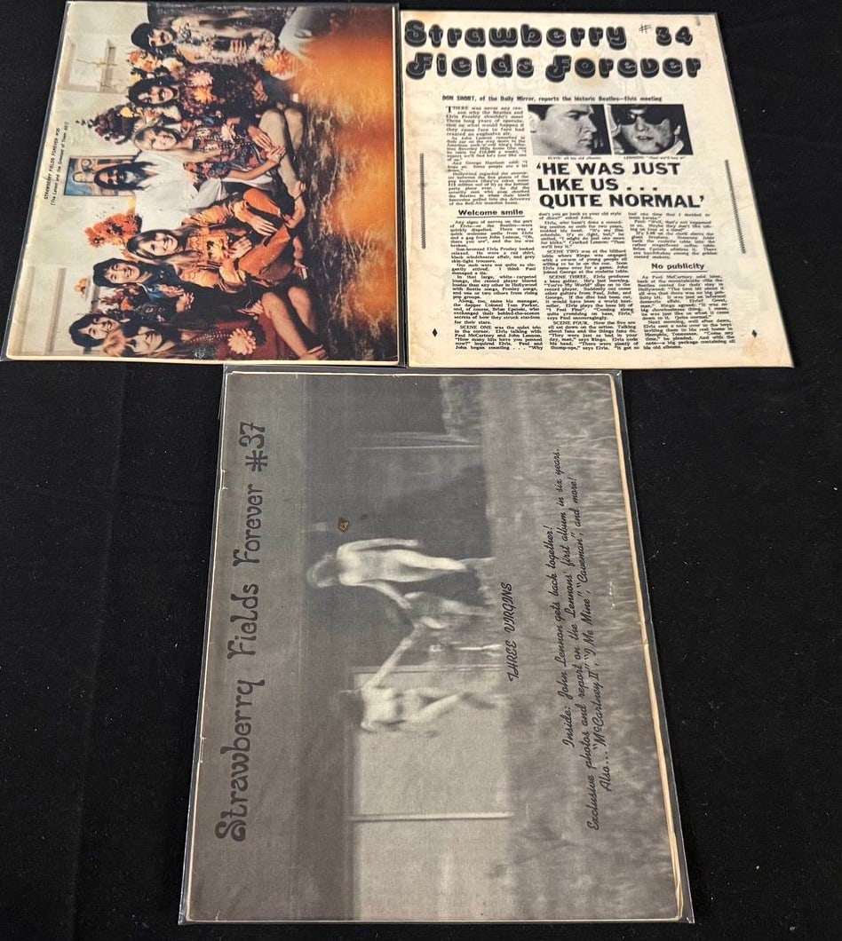 Strawberry Fields Forever Fan Magazine Lot (3 issues): Three vintage Strawberry Fields Forever Beatles fan publications, including issues 34 and 37, with Beatles reunion and archival photo features.