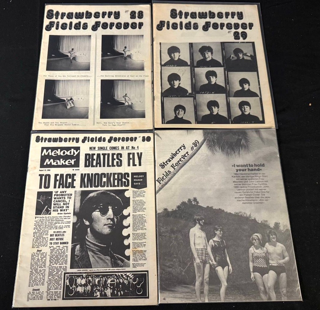 Strawberry Fields Forever Fan Magazine Lot (4 issues): Four vintage Strawberry Fields Forever Beatles fan magazines, including issues 28, 29 and two issue 30 variants with Beatles news and archival photography.
