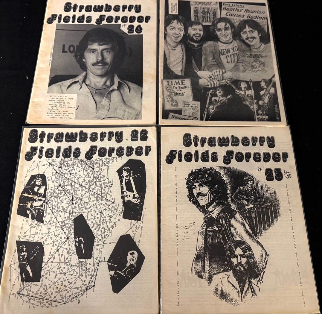 Strawberry Fields Forever Fan Magazine Lot (4 issues): Four vintage Strawberry Fields Forever Beatles fan publications, including issues 22, 23 and 26, with George Harrison and Beatles reunion-era features.