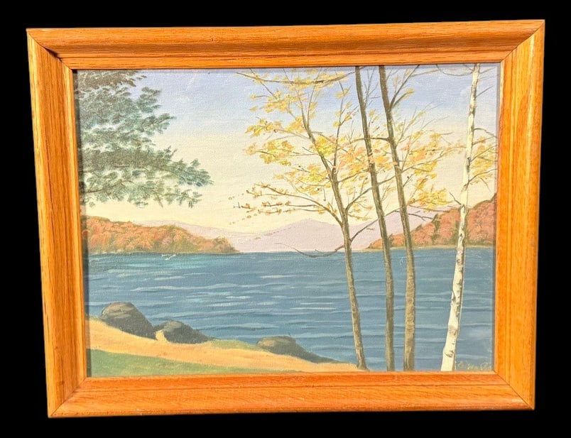 Signed Framed Lakeside Autumn Landscape Painting (1 of 3)