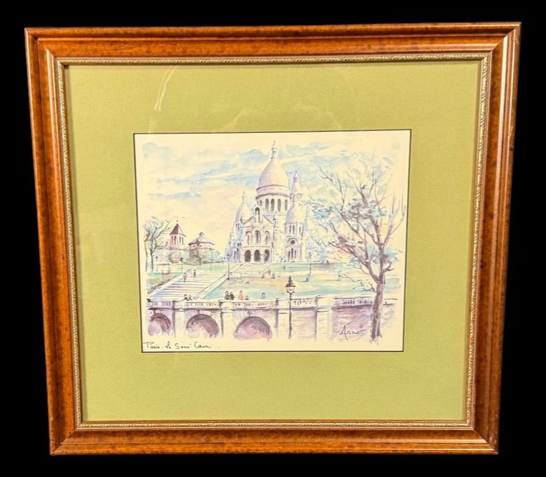 Framed Paris 'Sacré-Cœur' Watercolor: A framed watercolor depicting the Basilica of the Sacré-Cœur in Montmartre, Paris. 17"x16"