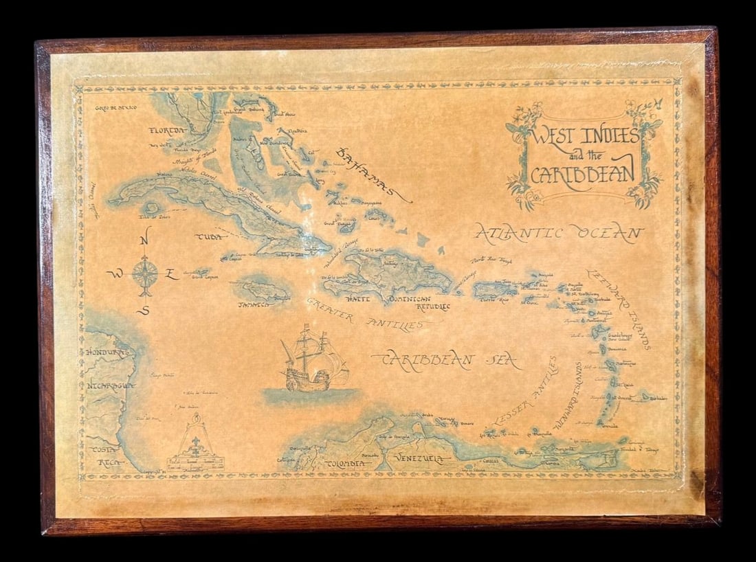 Framed Decorative 'West Indies and the Caribbean': Full title: Framed Decorative 'West Indies and the Caribbean' Vintage-Style Map Decorative framed map titled 'West Indies and the Caribbean', featuring the Caribbean islands, compass rose, sailing