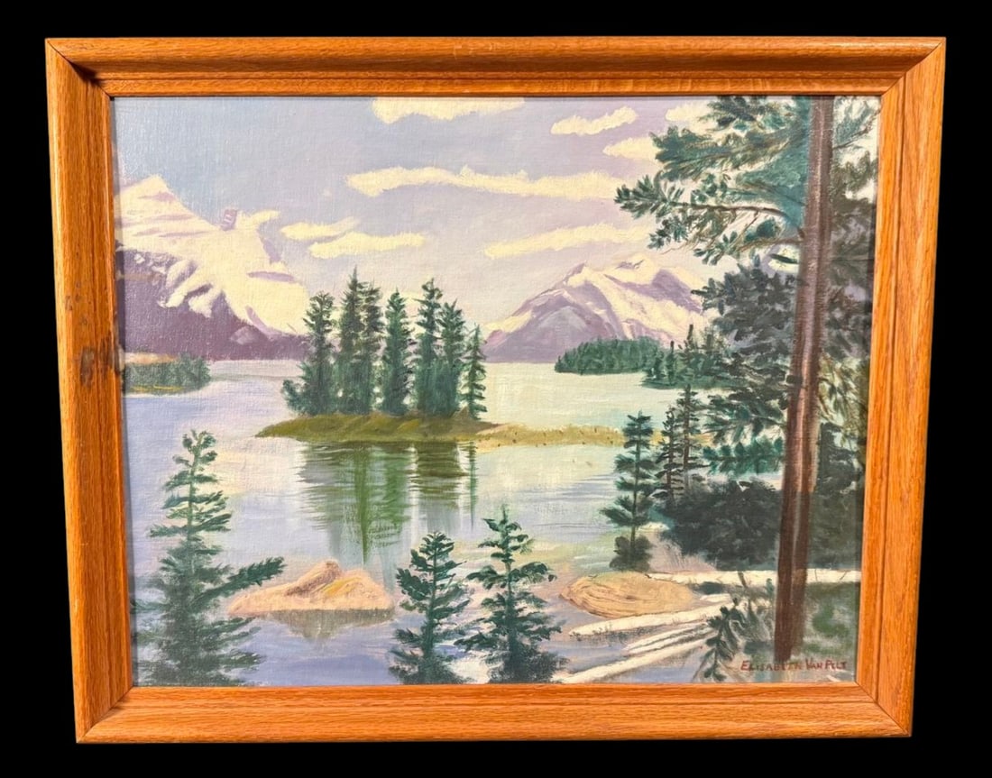 Mountain Lake Landscape by Elisabeth Van Pelt: Full title: Mountain Lake Landscape by Elisabeth Van Pelt (Oil on Canvas) Original oil on canvas depicting a tranquil mountain lake with evergreen islands and snow-capped peaks, signed 'Elisabeth Van