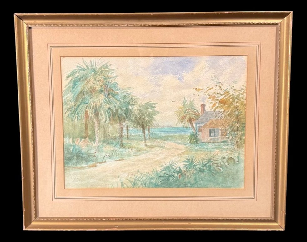 Indian River, Fort Pierce, Florida Watercolor: Full title: Indian River, Fort Pierce, Florida Watercolor (February 1937) Original framed watercolor depicting Indian River, Fort Pierce, Florida, with handwritten inscription on the reverse. 22"x18"