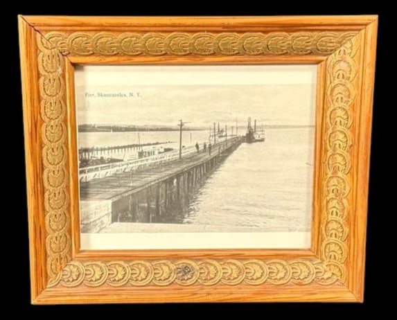 Pier, Skaneateles, N.Y. Framed Vintage Photograph: Framed vintage black-and-white photographic print or postcard depicting the historic Pier, Skaneateles, New York. 14"x12"