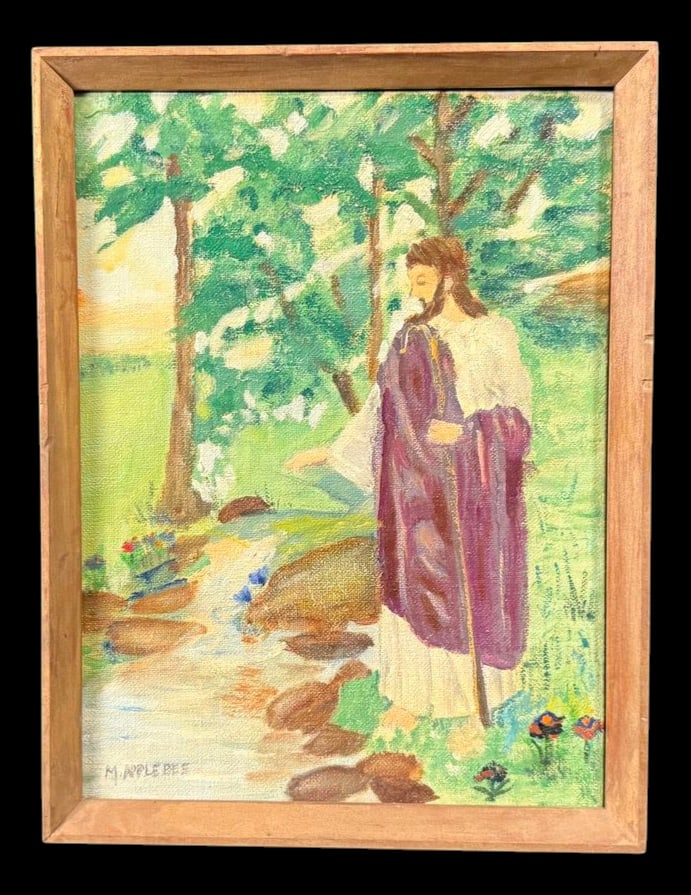 Signed Religious Painting of Christ by M.: Full title: Signed Religious Painting of Christ by M. Applebee Original framed painting depicting Jesus beside a woodland stream, signed M. Applebee in the lower left. 10"x13"