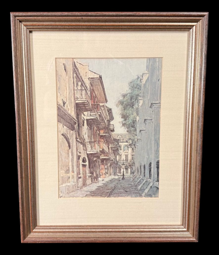 Signed European Street Scene by Don Davey: Framed signed architectural print depicting a narrow European street with wrought-iron balconies and historic buildings. Signed Don Davey in the lower right. 13"x17"