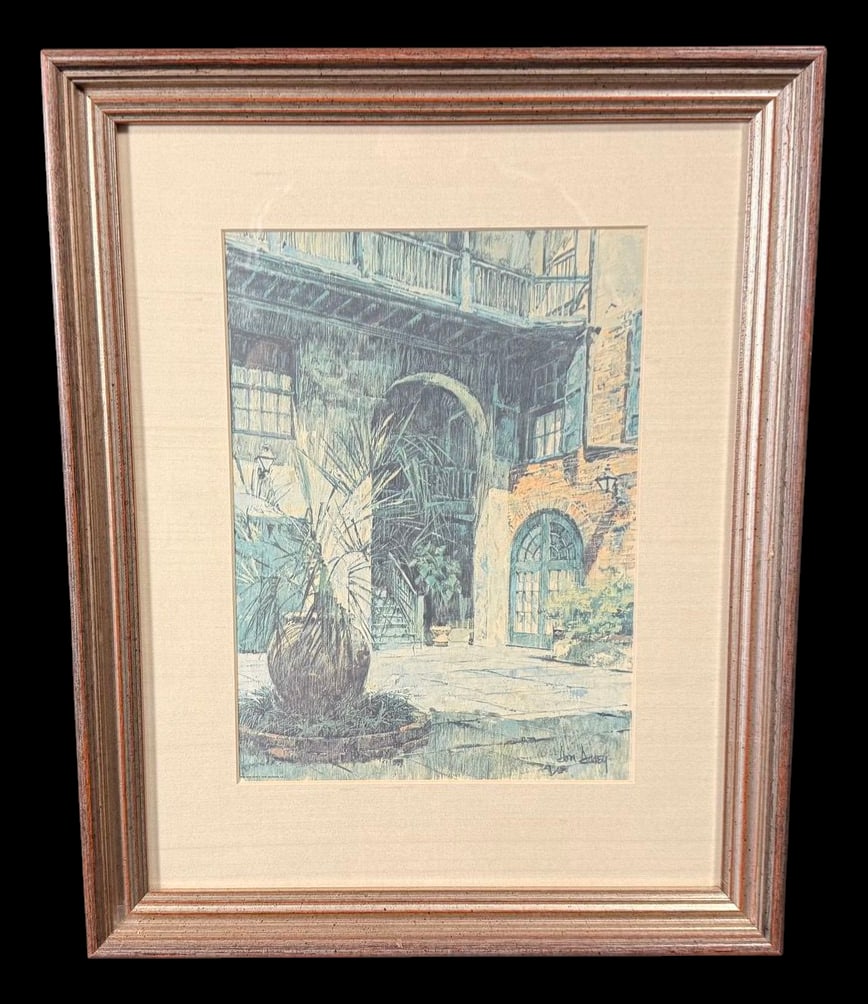 Signed Courtyard Architectural by Don Davey: Framed signed print depicting a historic courtyard with arched architecture and tropical landscaping. Signed Don Davey in the lower right. 13"x17"
