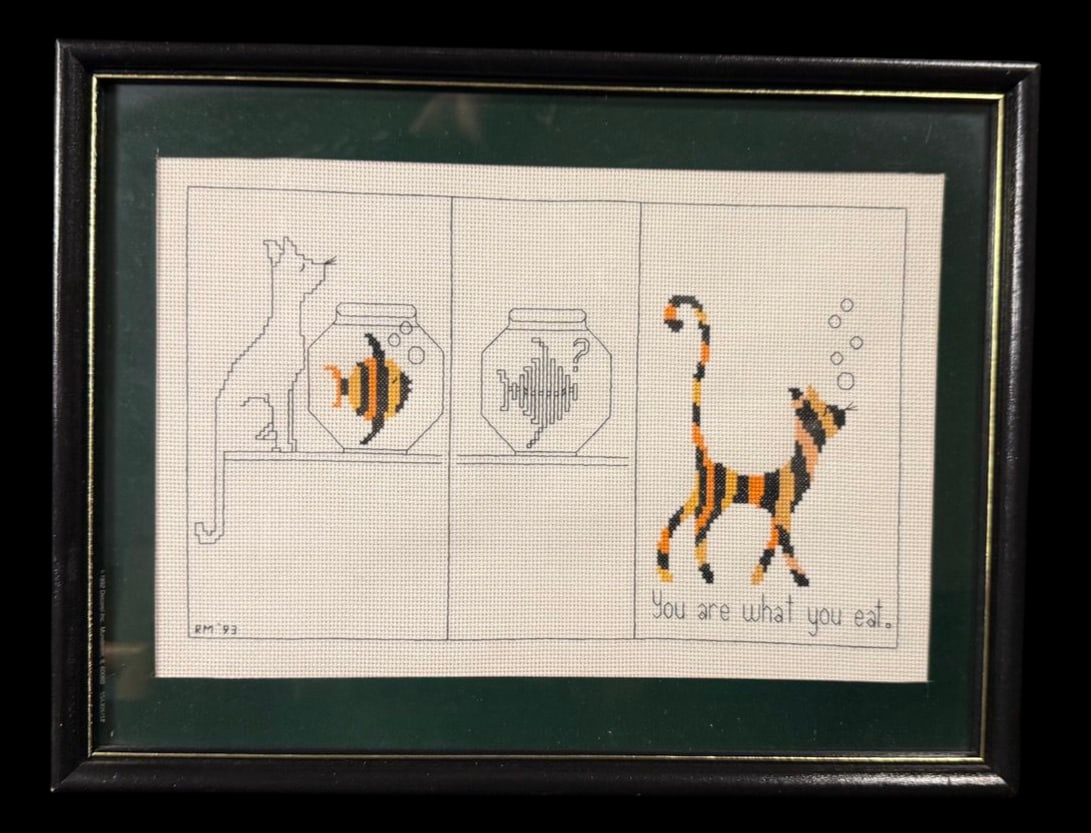 Framed Humorous Cat Cross-Stitch Needlework (1 of 2)