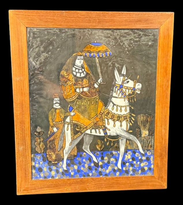 Framed Persian/Mughal Style Equestrian Artwork: Framed decorative artwork depicting a richly dressed noble riding a white horse with attendants in a Persian or Mughal-inspired style. Features vibrant blue and gold accents. 14"x17"
