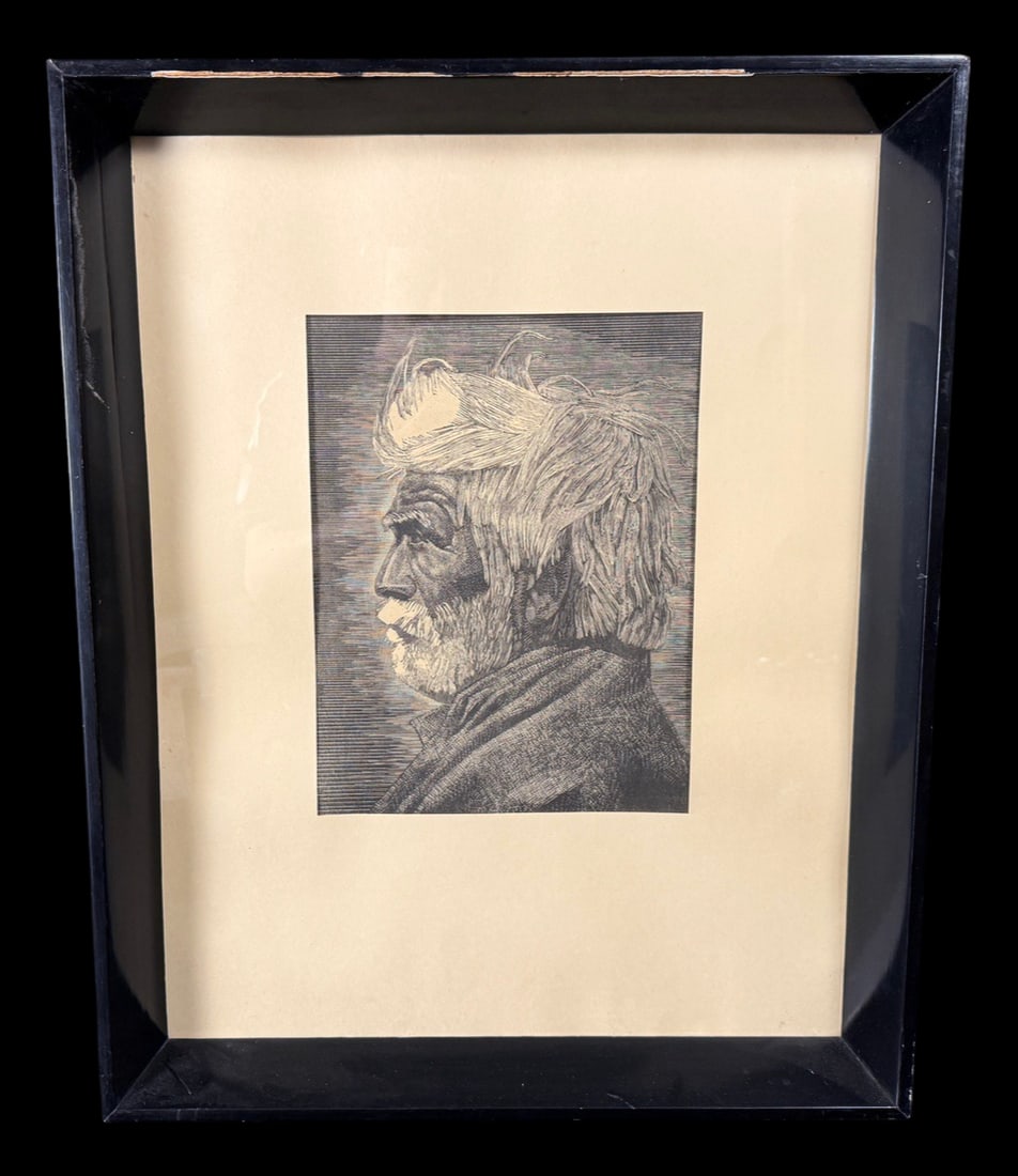 Framed Portrait Etching / Lithograph of Elderly (1 of 2)