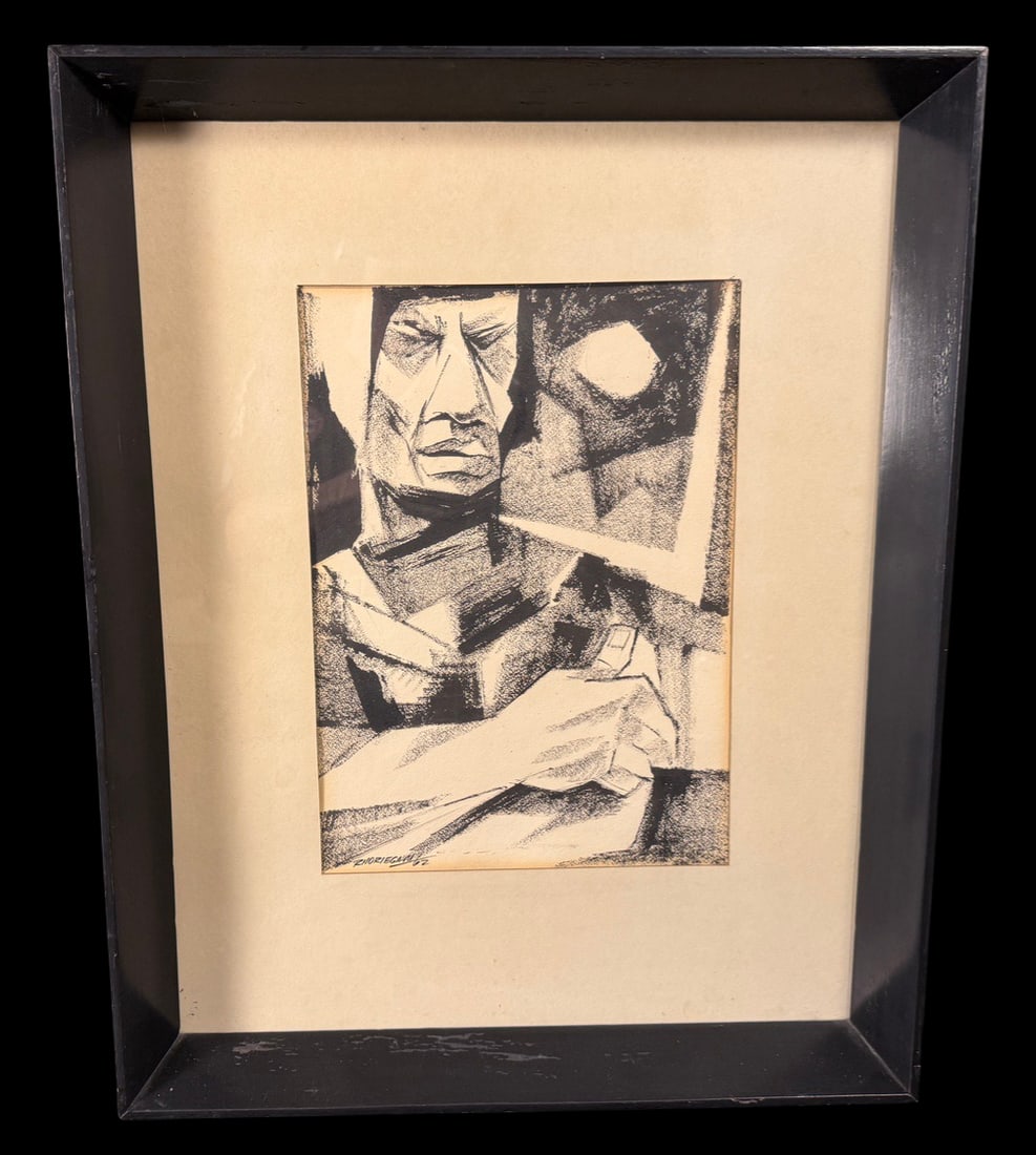 Rinoriegami Signed Modernist Charcoal Drawing: Full title: Rinoriegami Signed Modernist Charcoal Drawing (1962) Original modernist charcoal drawing depicting an abstract seated figure. Signed Rinoriegami and dated 1962, professionally matted and f