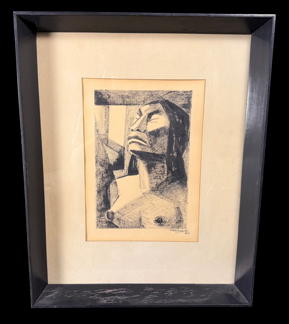 Rinoriegami Signed Modernist Portrait (1962): Original charcoal portrait of a stylized female figure with elongated neck and angular features. Signed Rinoriegami and dated 1962. 19"x23"