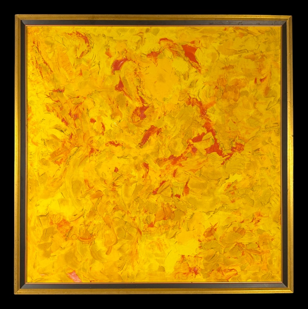 Large Abstract Yellow Oil Painting - Signed: Full title: Large Abstract Yellow Oil Painting - Signed 'Torrex '43' Large abstract impasto oil painting dominated by vivid yellows with red and orange accents, signed on the reverse 'Torrex '43' (or