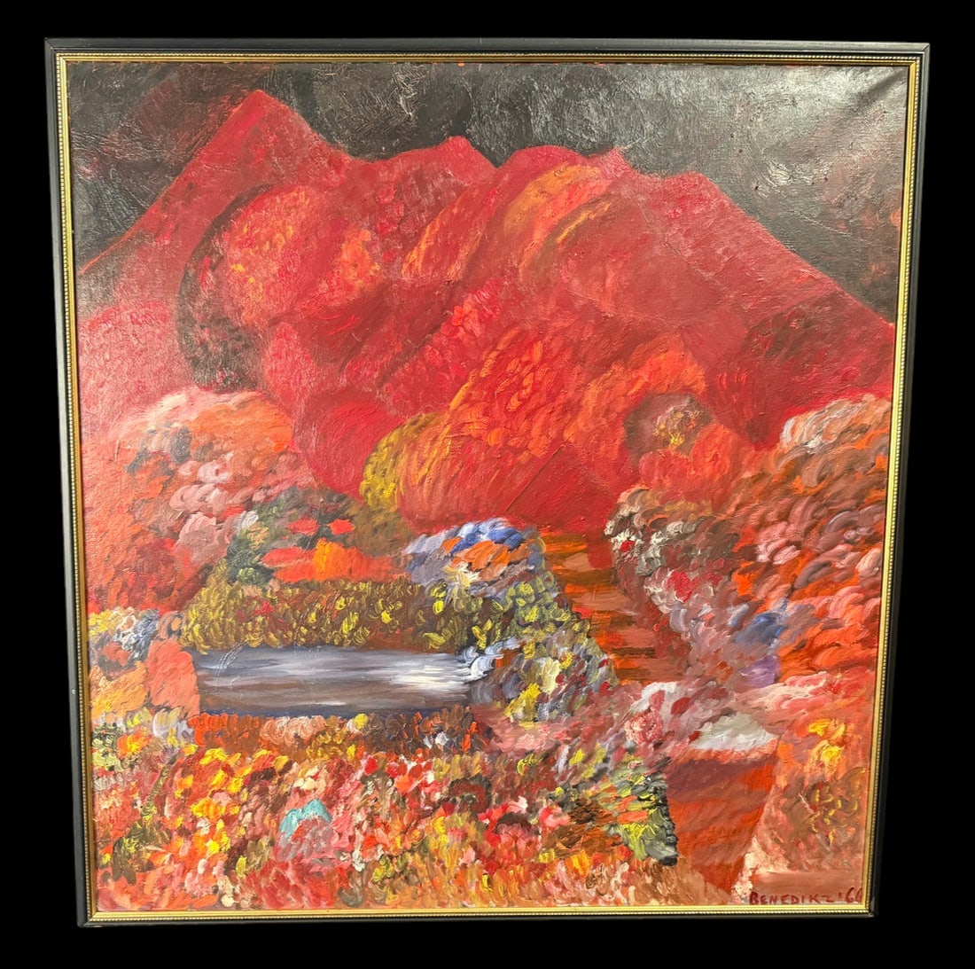 A. Benediksson Icelandic, mid-20th century, Red: Full title: A. Benediksson Icelandic, mid-20th century, Red Mystery Mountain, 1964, Oil on Canvas, Signed Oil on canvas landscape by the Icelandic abstract artist A. Benediksson signed Benedikz,